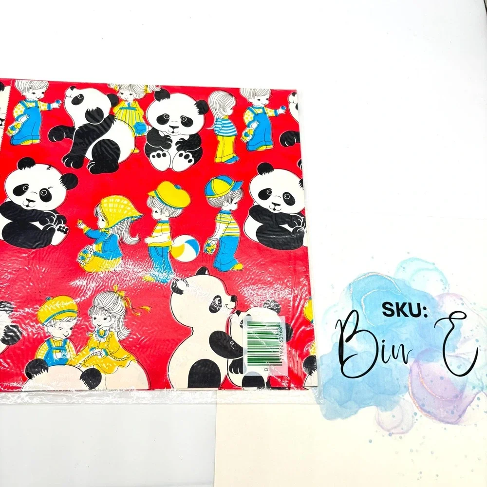 Vintage 60s Mid Century Panda Little Boy Girl Gift Wrap Paper 2 Sheet Multicolor